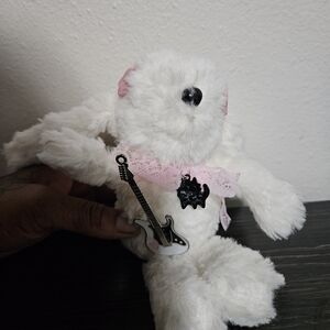 White Teddy Bear Keychain with Pink Accents and Guitar